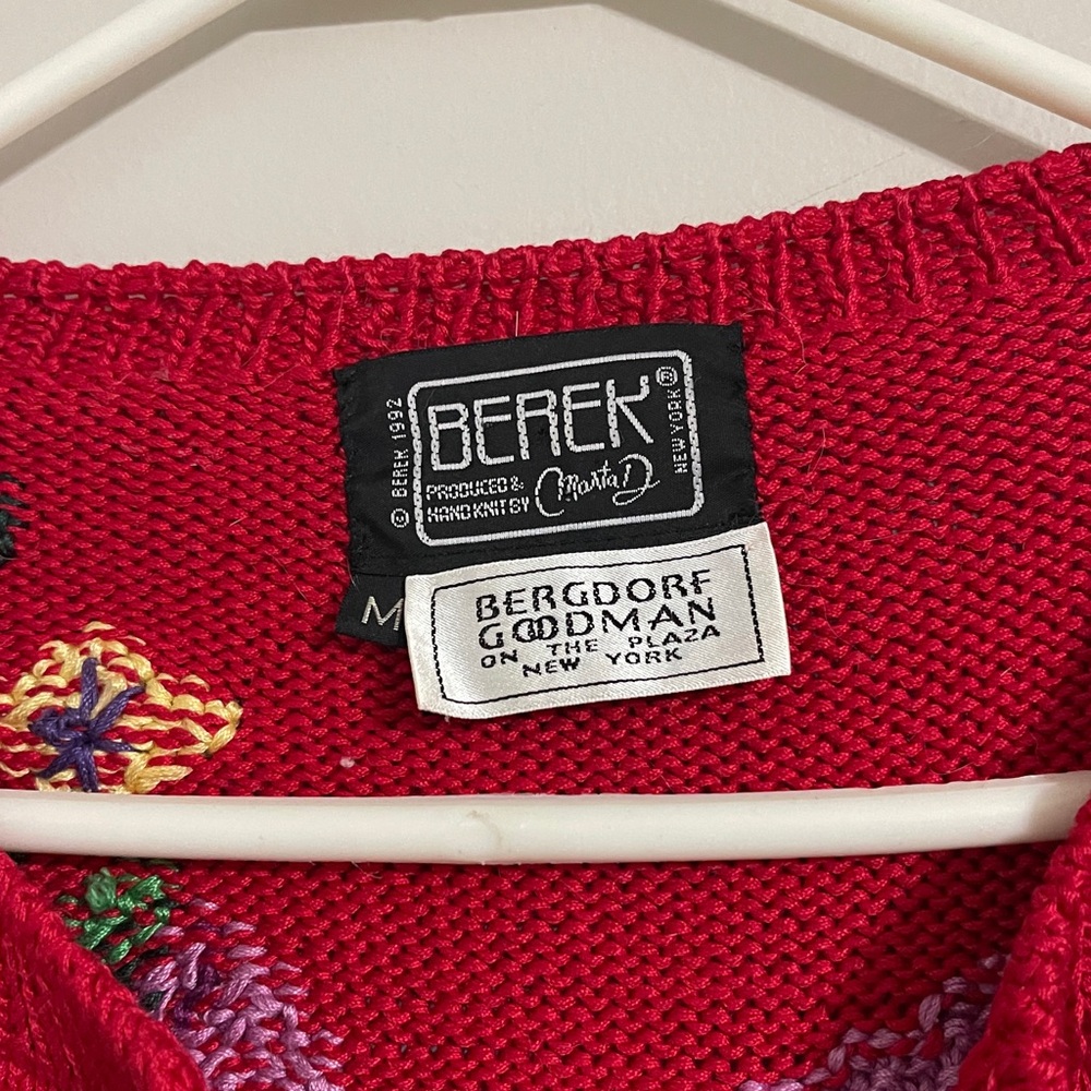 Vintage Berek Bergdorf Goodman red knit whimsical grandmacore cardigan sweater M - Picture 3 of 9